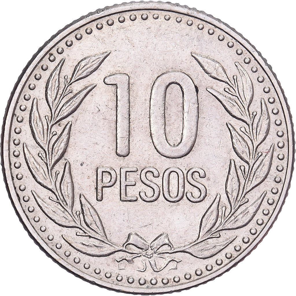 Colombia, 10 Pesos, 1989, Miedź-Nikiel-Cynk, AU(50-53), KM:281.1