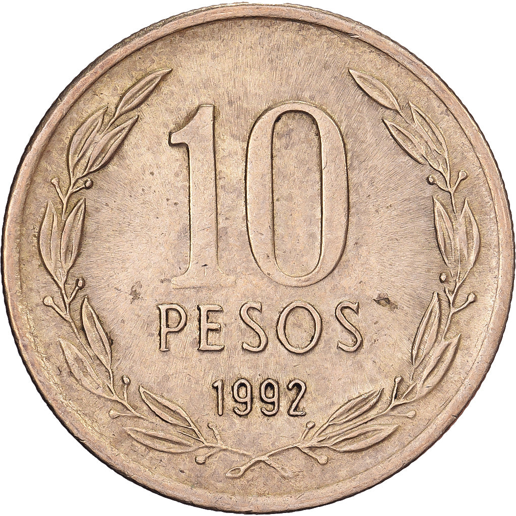 Chili, 10 Pesos, 1992, Santiago, Aluminum-Bronze, ZF, KM:228.2