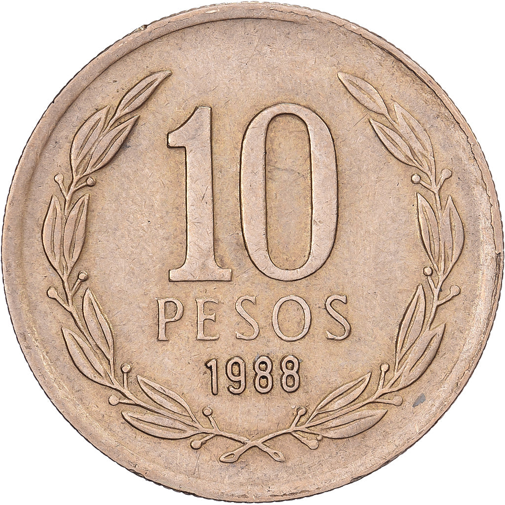 Chile, 10 Pesos, 1988, Santiago, Alumínio-Bronze, EF(40-45), KM:218.2