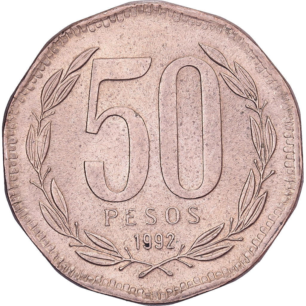 Chile, 50 Pesos, 1992, Santiago, Aluminum-Bronze, AU(50-53), KM:219.2