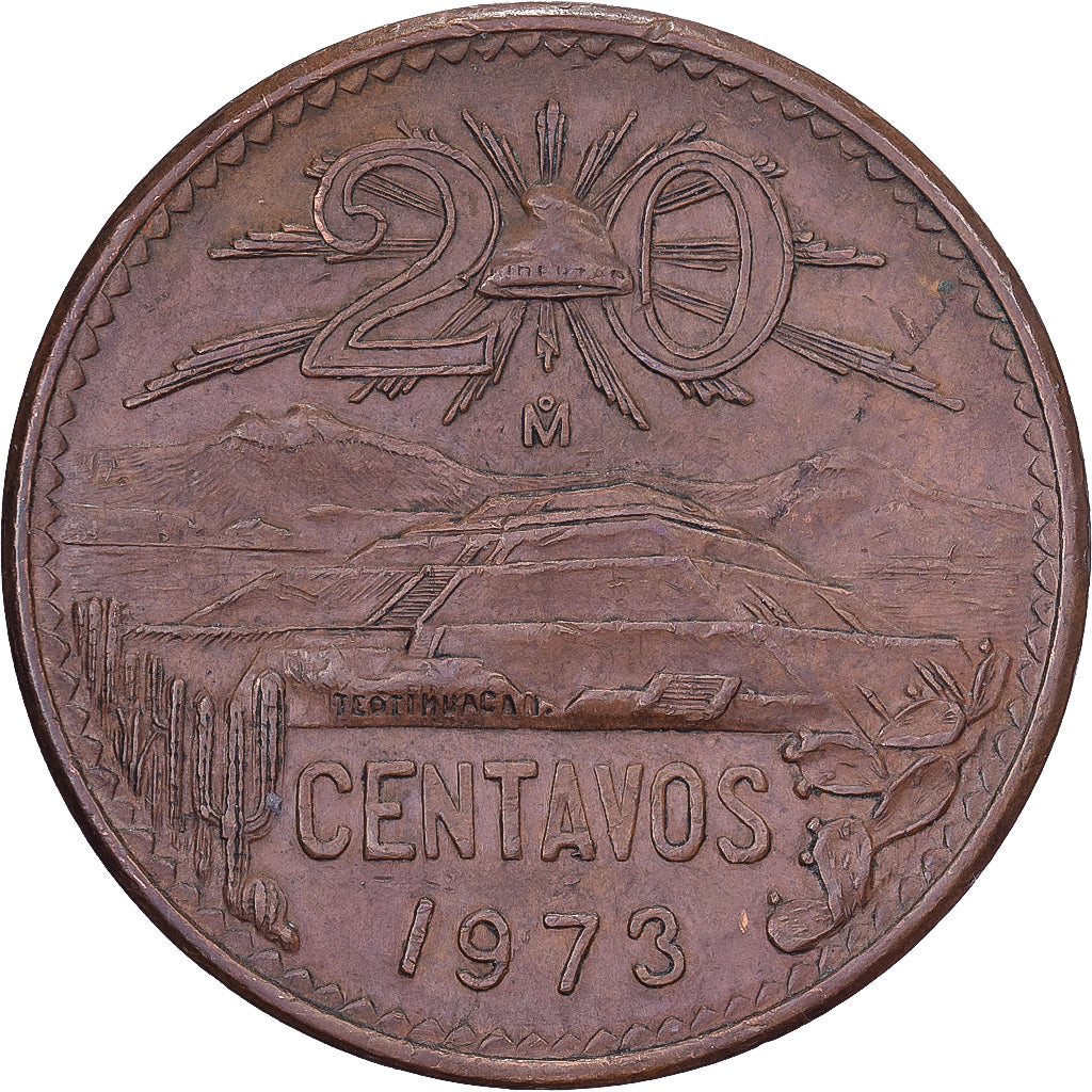 México, 20 Centavos, 1973, Mexico City, Bronce, MBC, KM:441