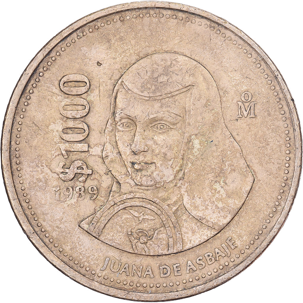 México, 1000 Pesos, 1989, Mexico City, Aluminio - bronce, MBC, KM:536