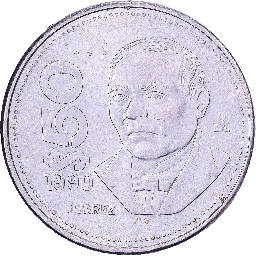México, 50 Pesos, 1990, Mexico City, Acero inoxidable, MBC+, KM:495a