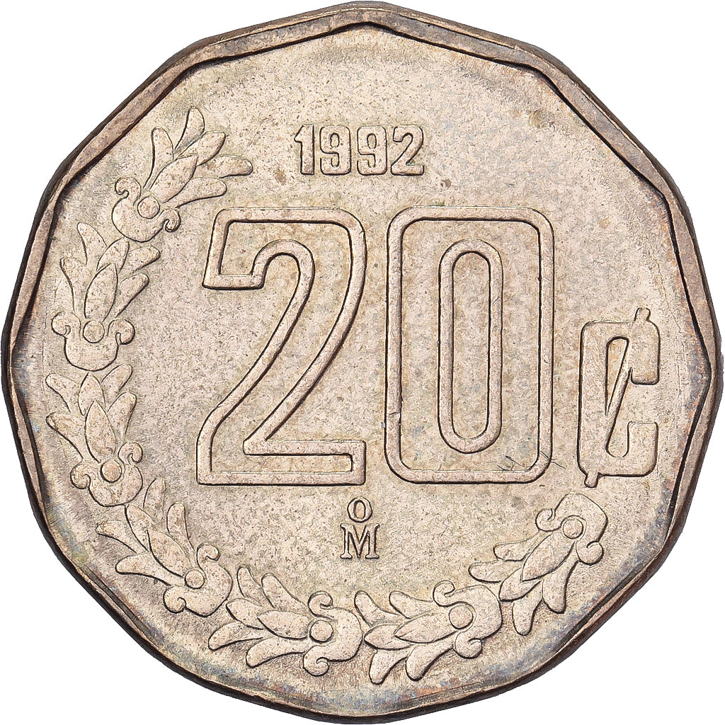 México, 20 Centavos, 1992, Mexico City, Alumínio-Bronze, AU(50-53), KM:548