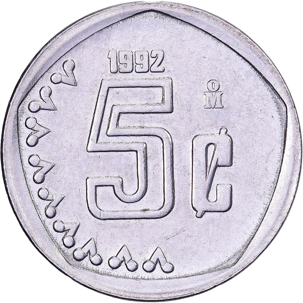 México, 5 Centavos, 1992, Mexico City, Aço Inoxidável, AU(55-58), KM:546