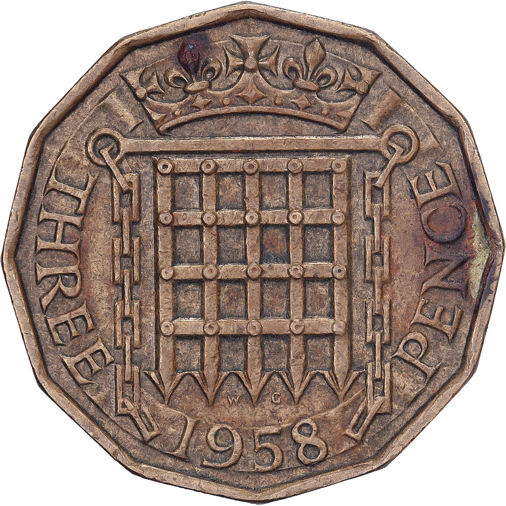 Großbritannien, Elizabeth II, 3 Pence, 1958, Nickel-brass, SS, KM:900