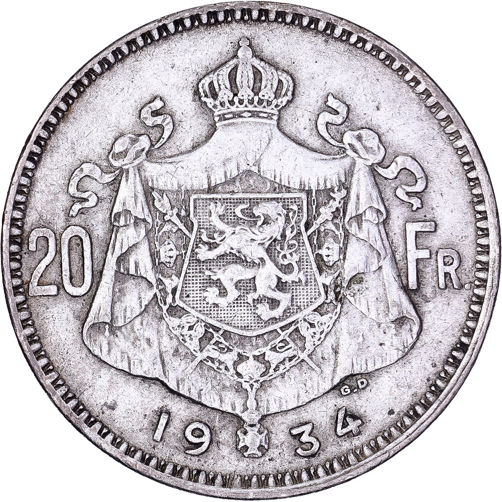 Belgien, Albert I, 20 Francs, 20 Frank, 1934, Brussels, Silber, SS, KM:104.1