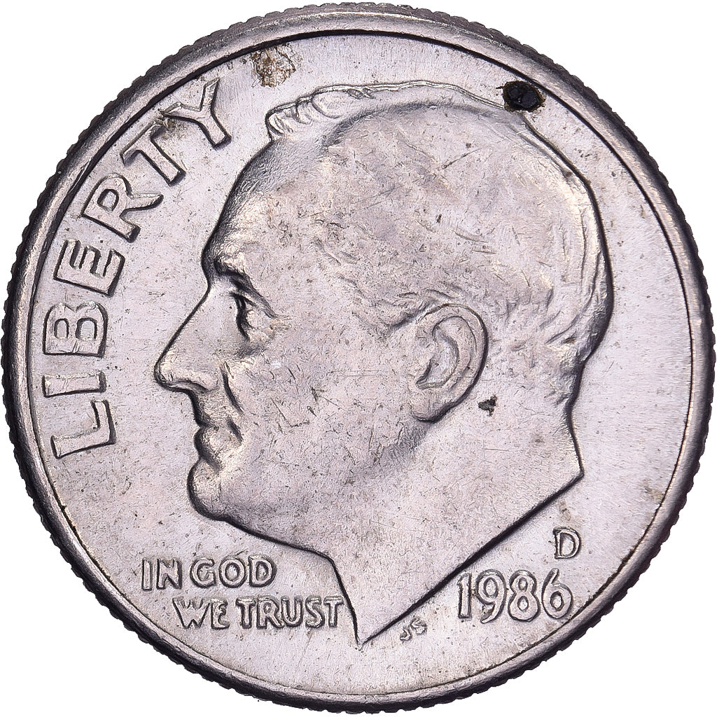 États-Unis, Dime, Roosevelt, 1986, U.S. Mint, Cupronickel plaqué cuivre, TTB+