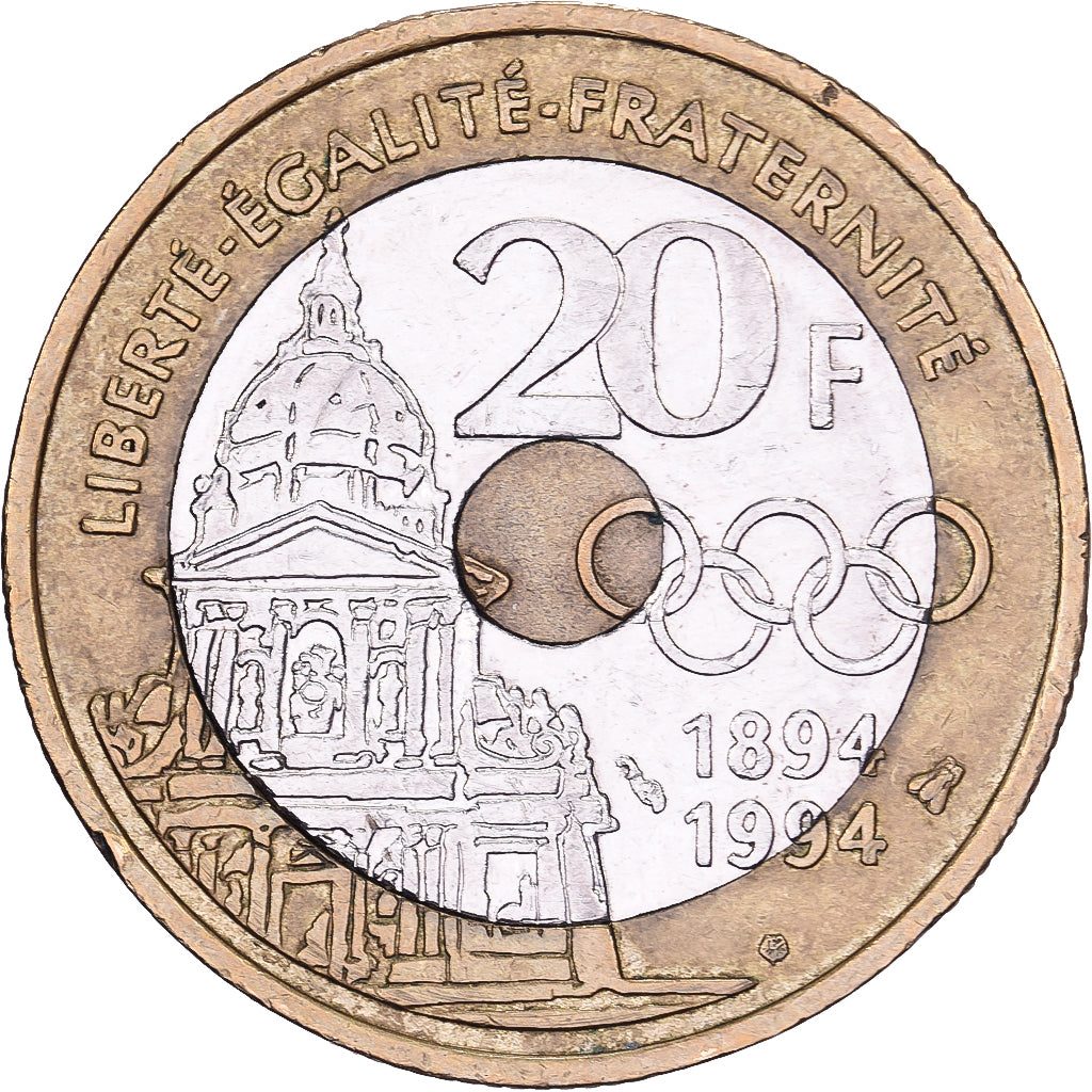 Francja, 20 Francs, Pierre de Coubertin, 1994, Paris, Trójmetaliczny