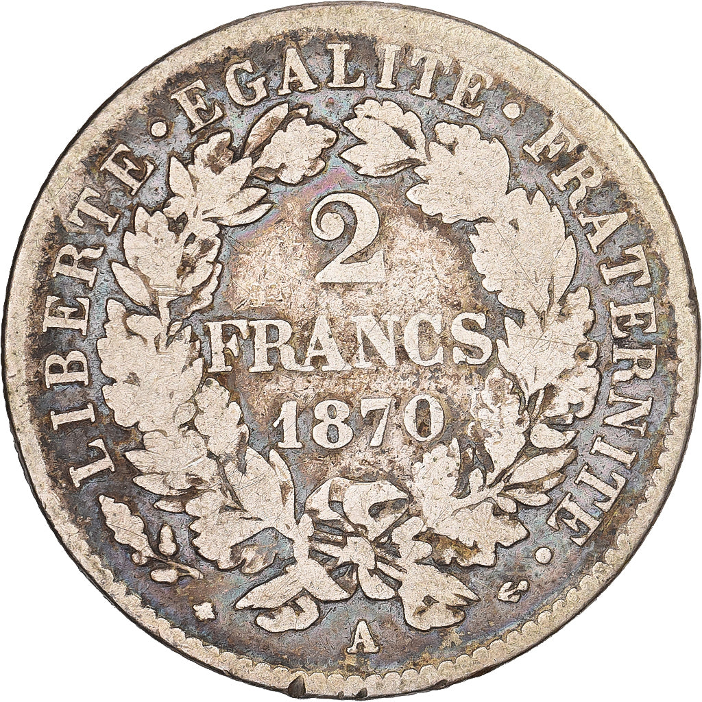 Francia, 2 Francs, Cérès, 1870, Paris, Argento, MB+, Gadoury:530, KM:817.1