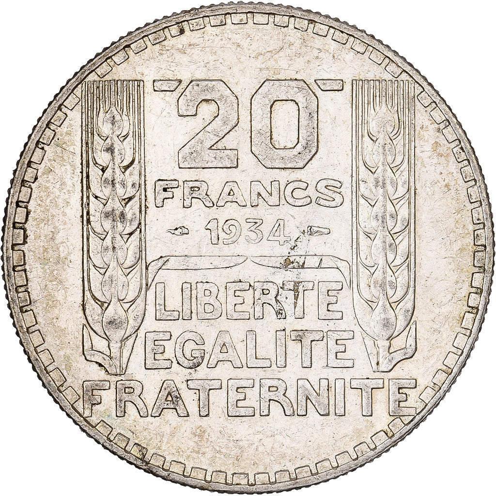 France, 20 Francs, Turin, 1934, Paris, Silver, AU(50-53), Gadoury:852, KM:879