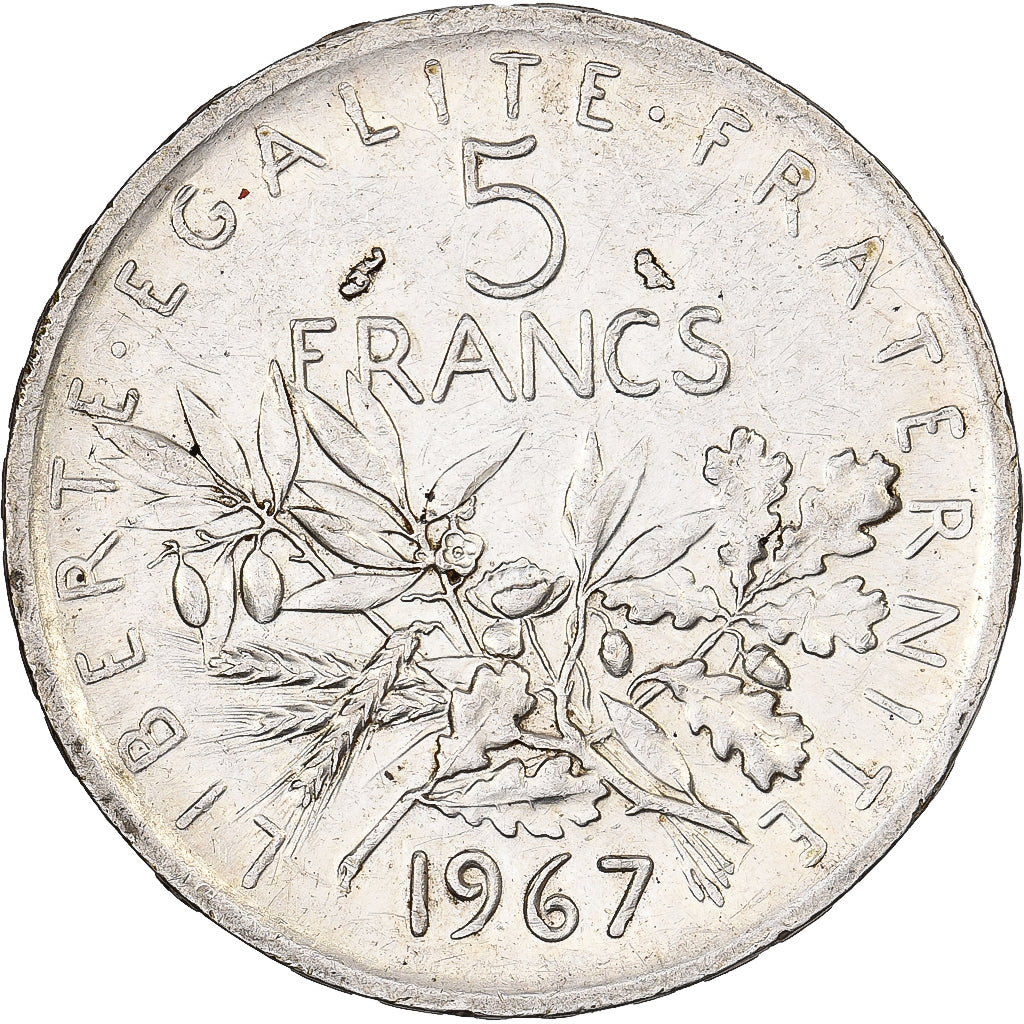 Francja, 5 Francs, Semeuse, 1967, Paris, Srebro, AU(50-53), Gadoury:770, KM:926