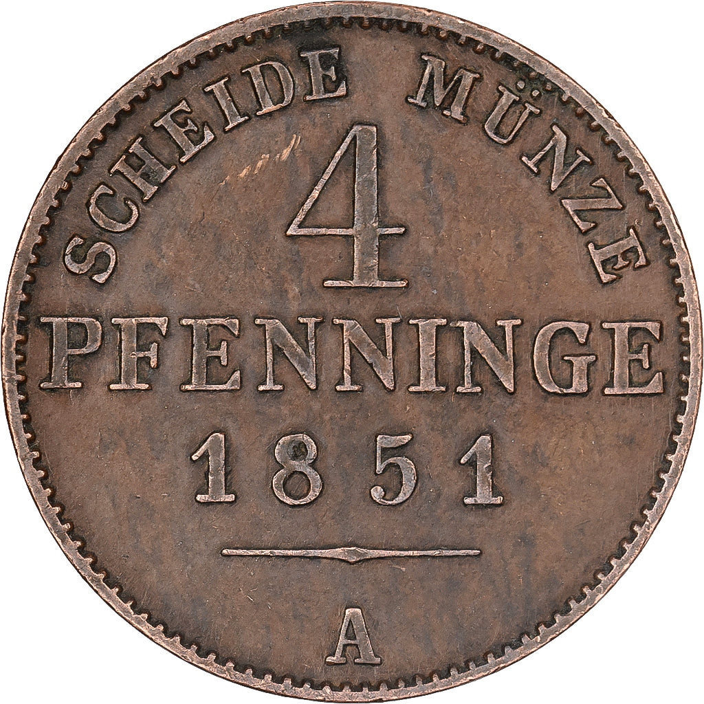 Prússia, PRUSSIA, Friedrich Wilhelm IV, 4 Pfennig, 1851, Berlin, Cobre