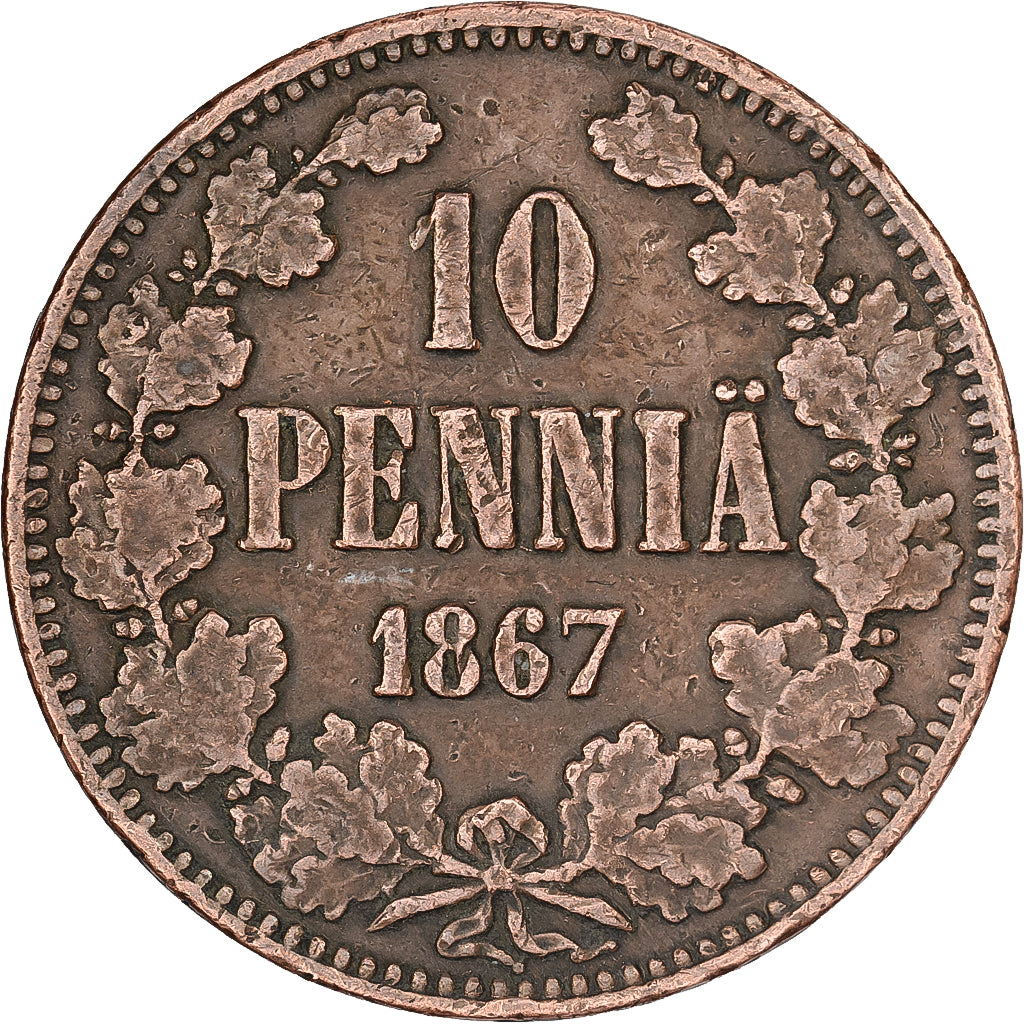 Finlandia, Alexander II, 10 Pennia, 1867, Rame, BB, KM:5.1