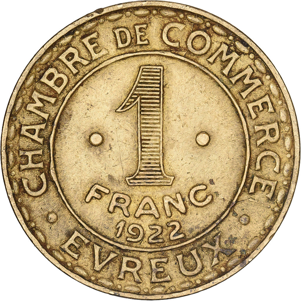 Francja, Chambre de commerce d'Evreux, 1 Franc, 1922, EF(40-45), laiton