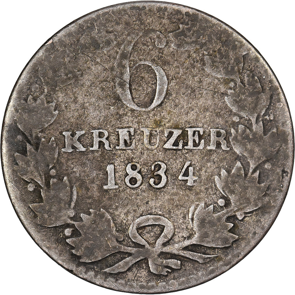 German States, BADEN, Leopold I, 6 Kreuzer, 1834, Baden, Silver, F(12-15)