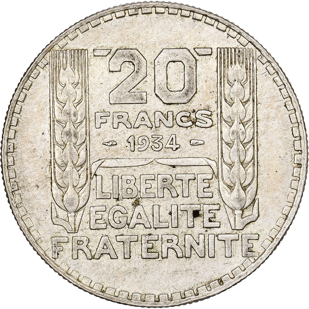 France, 20 Francs, Turin, 1934, Paris, Silver, AU(55-58), Gadoury:852, KM:879