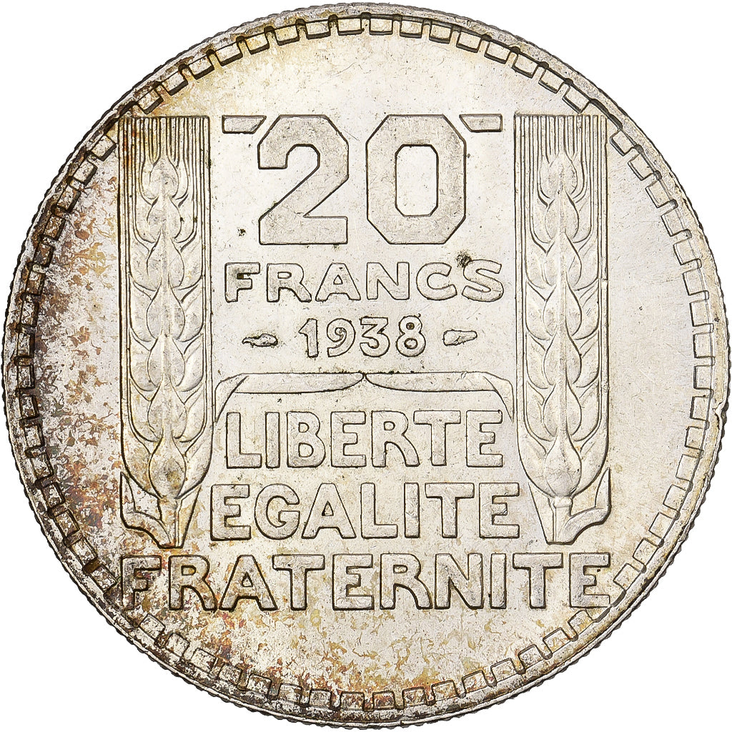 France, 20 Francs, Turin, 1938, Paris, Silver, AU(55-58), Gadoury:852, KM:879