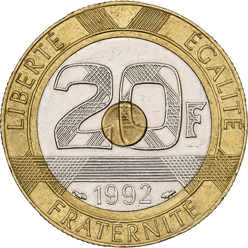 France, 20 Francs, Mont Saint Michel, 1992, Paris, Tri-Metallic, AU(55-58)