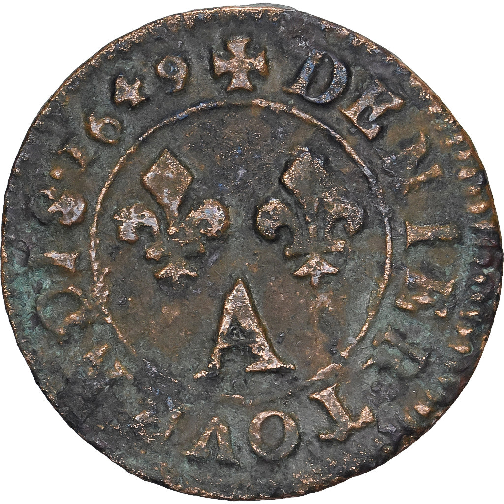 França, Louis XIV, Denier Tournois, 1649, Paris, Cobre, VF(30-35), Gadoury:70