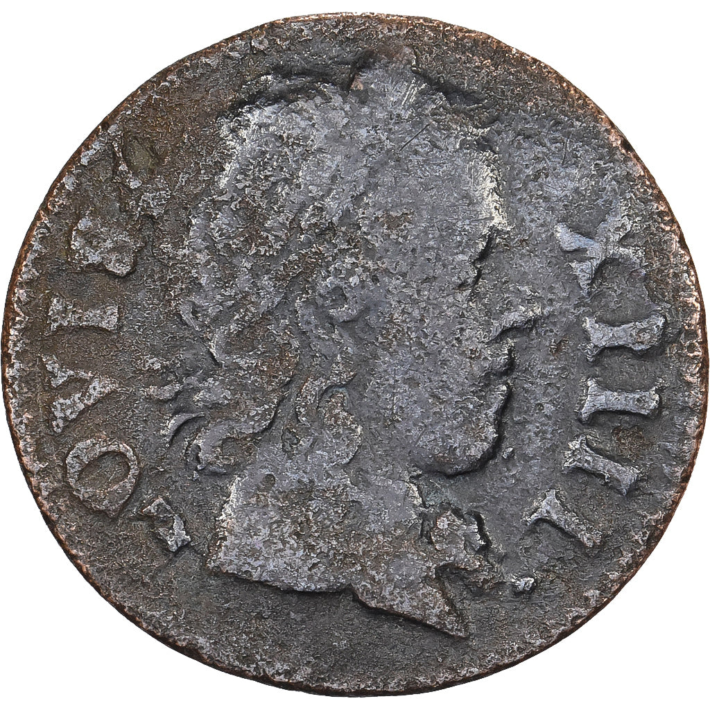 Francia, Louis XIV, Denier Tournois, 1649, Paris, Cobre, BC+, Gadoury:70