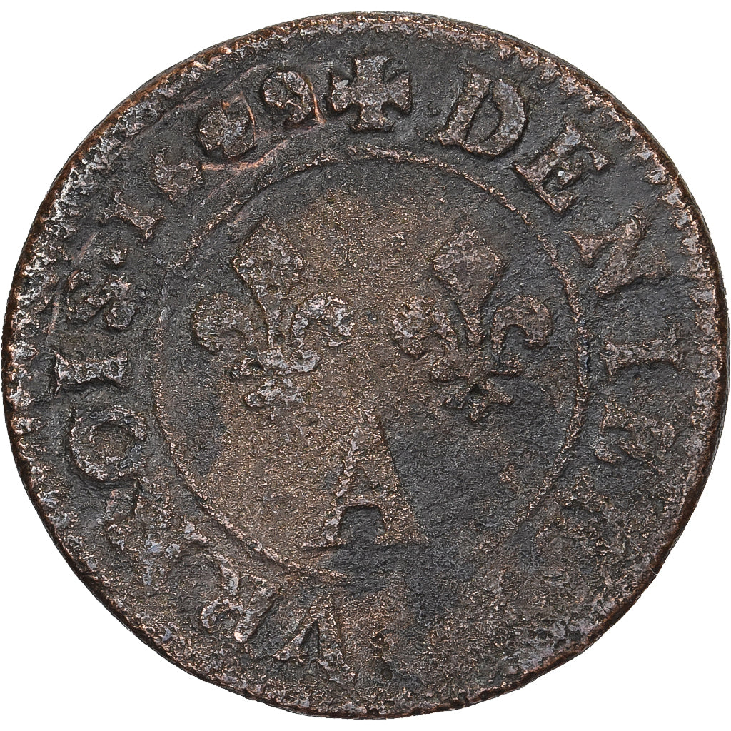 Francia, Louis XIV, Denier Tournois, 1649, Paris, Cobre, BC+, Gadoury:70