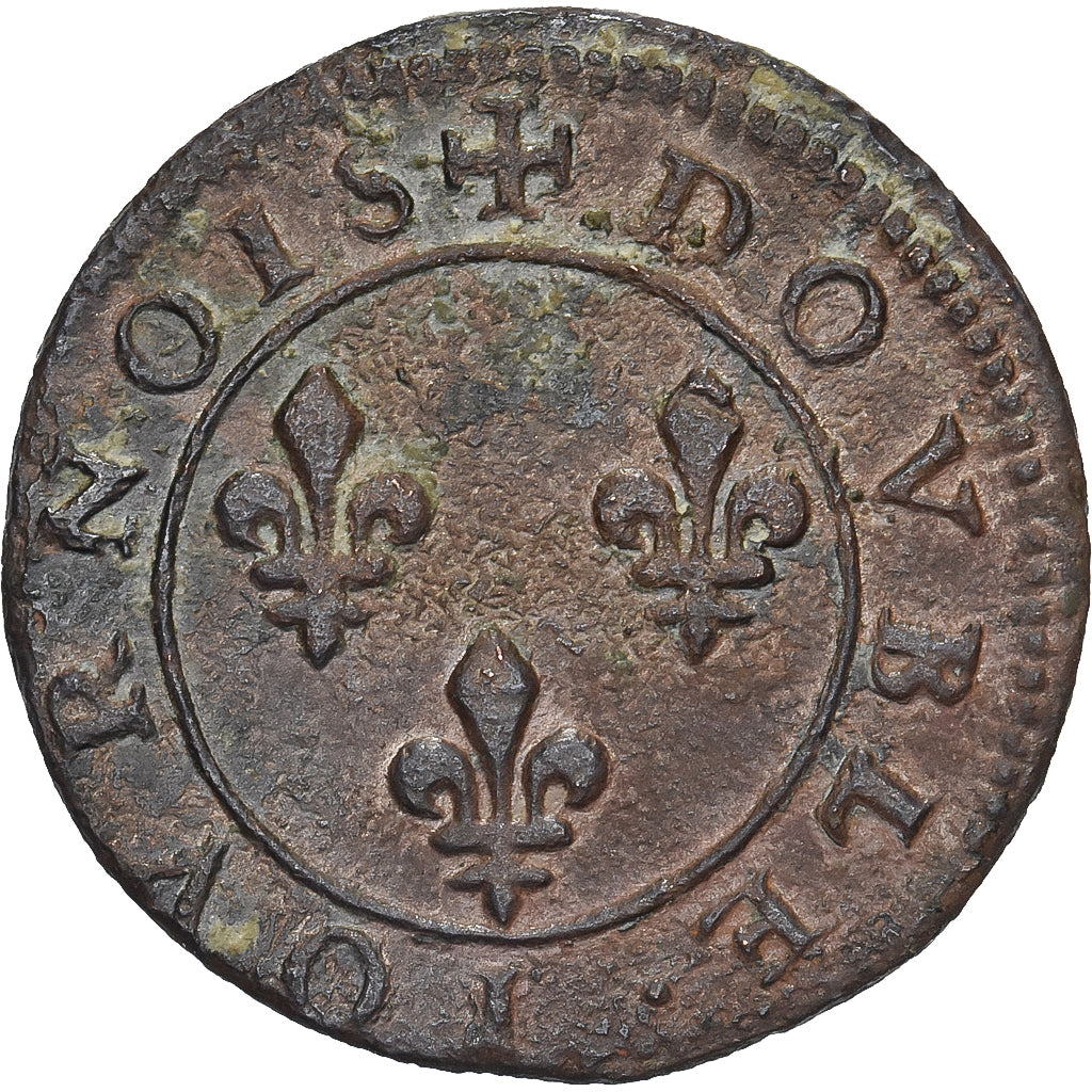 Francia, Henri III, Double tournois, buste à droite; au col plat, Paris, Cobre