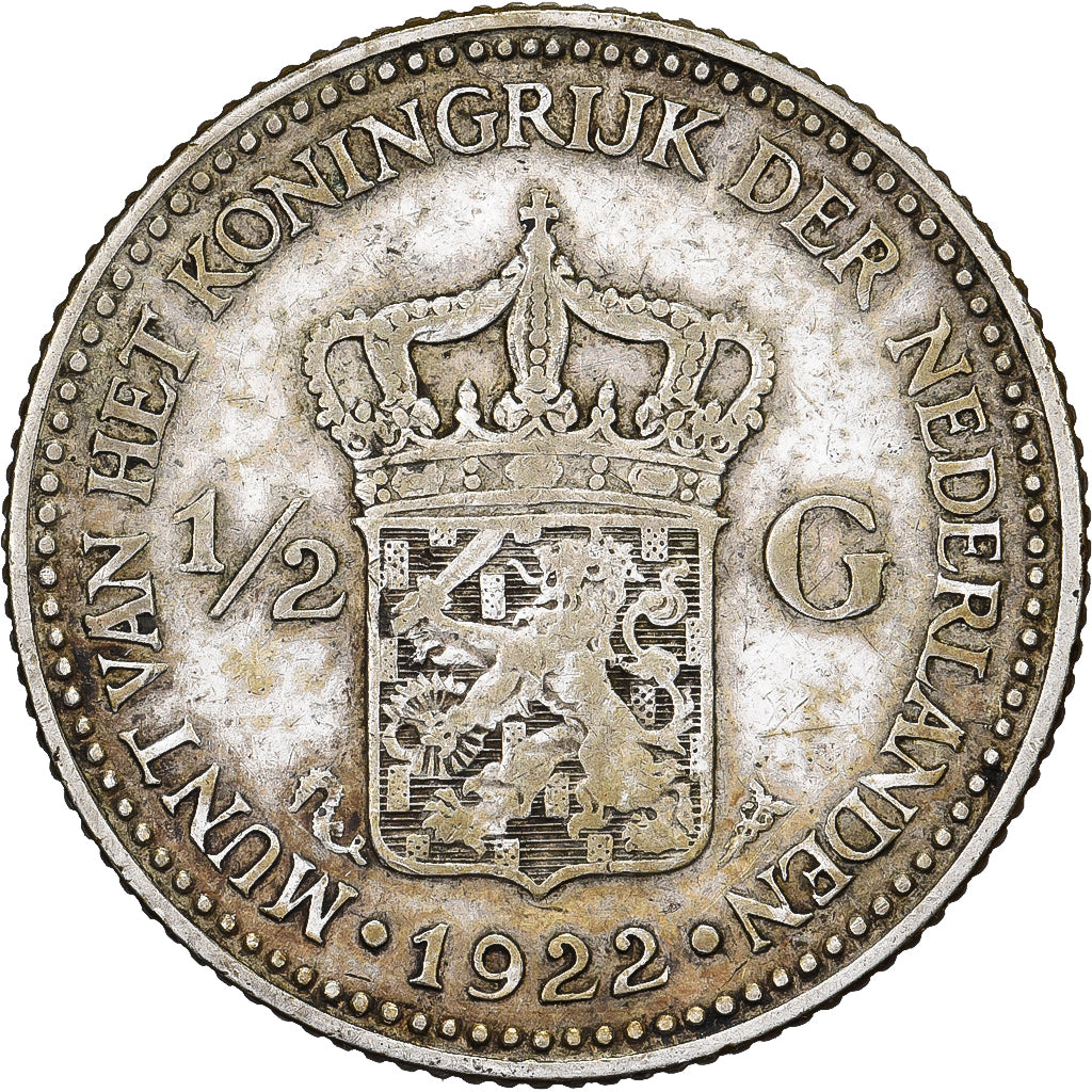 Países Bajos, Wilhelmina I, 1/2 Gulden, 1922, Plata, MBC, KM:160