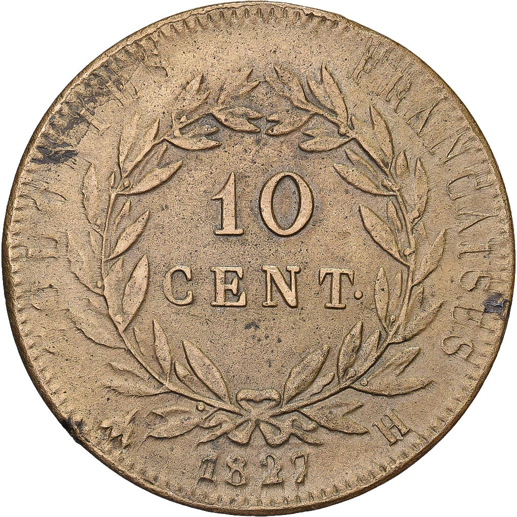 COLÓNIAS FRANCESAS, Charles X, 10 Centimes, 1827, La Rochelle, Bronze