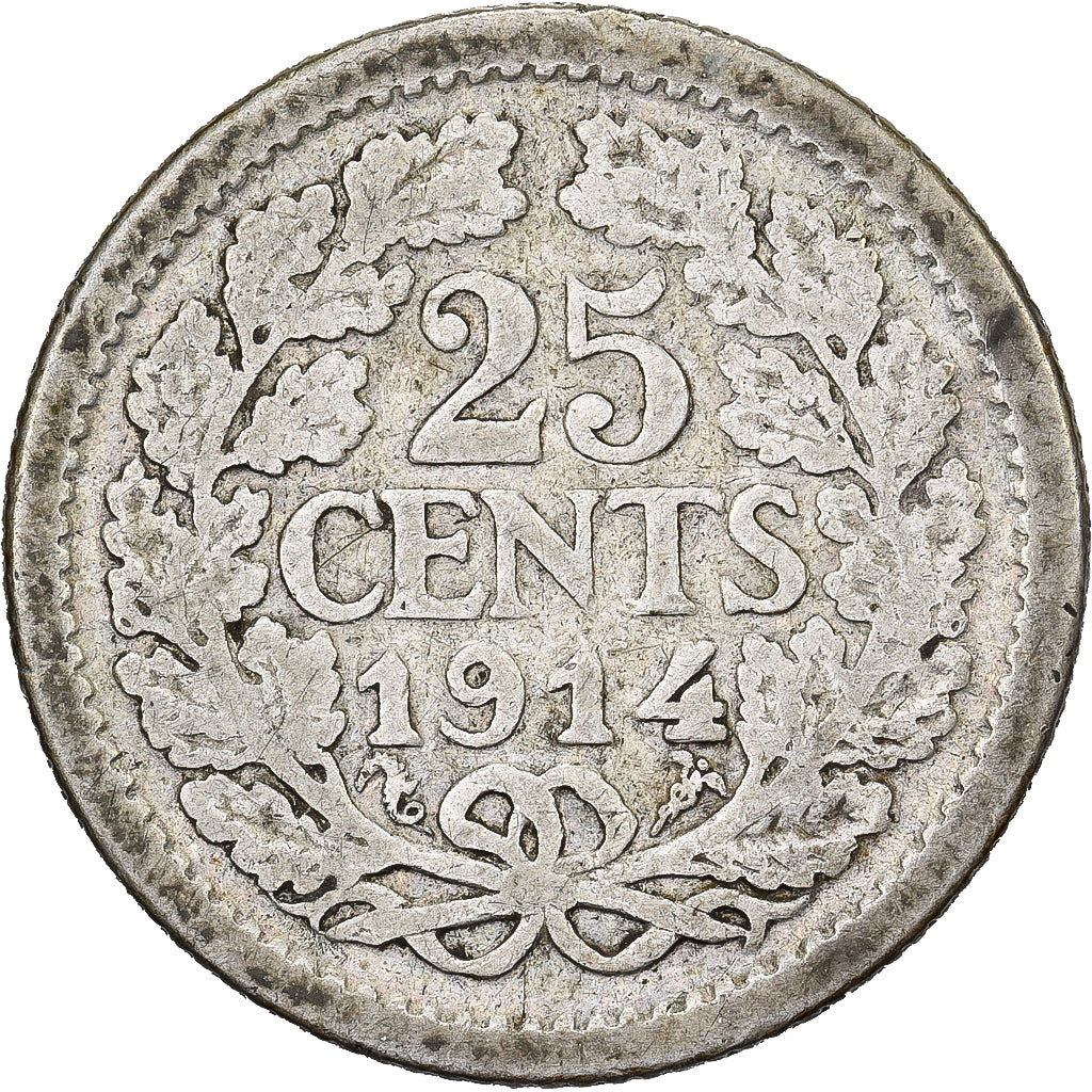 Países Bajos, Wilhelmina I, 25 Cents, 1914, Plata, BC+, KM:146
