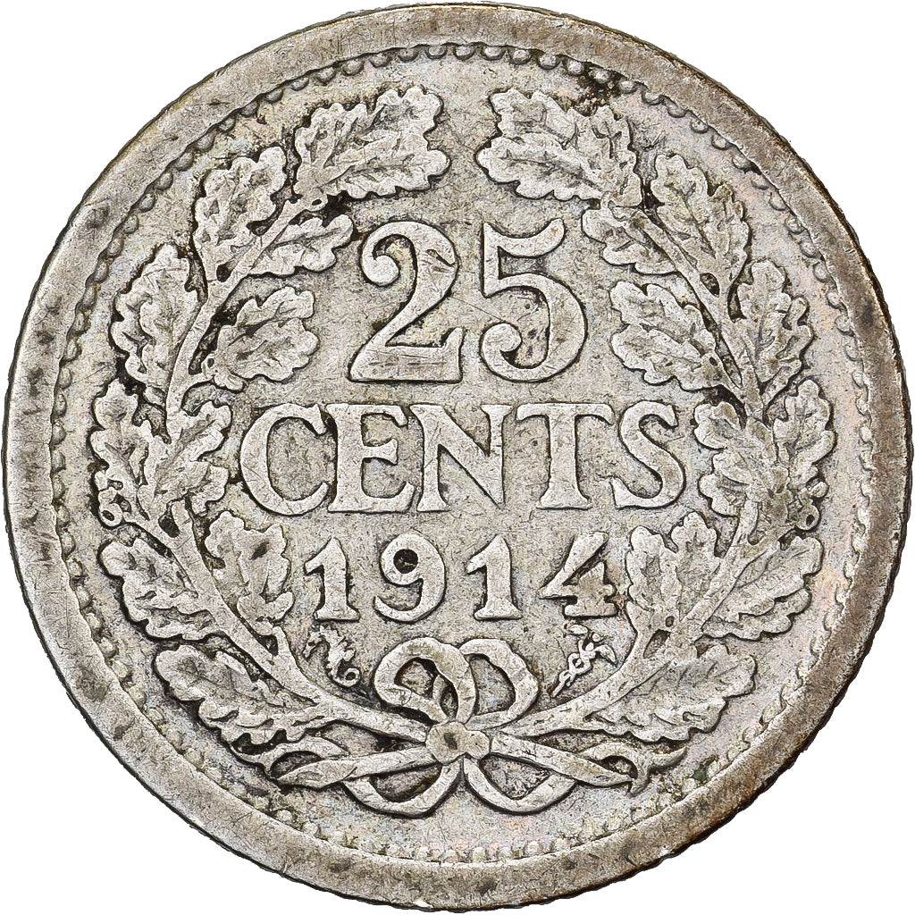 Países Bajos, Wilhelmina I, 25 Cents, 1914, Plata, BC+, KM:146