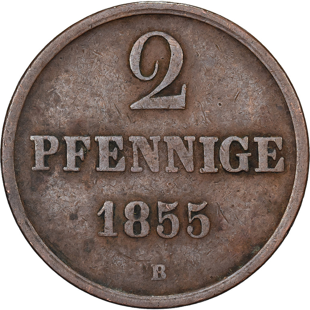 Estados Alemães, HANNOVER, Georg V, 2 Pfennig, 1855, Hannover, Cobre