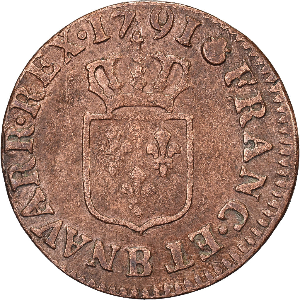 France, Louis XVI, Liard, 1791, Rouen, Cuivre, TB+, Gadoury:349, KM:585.3