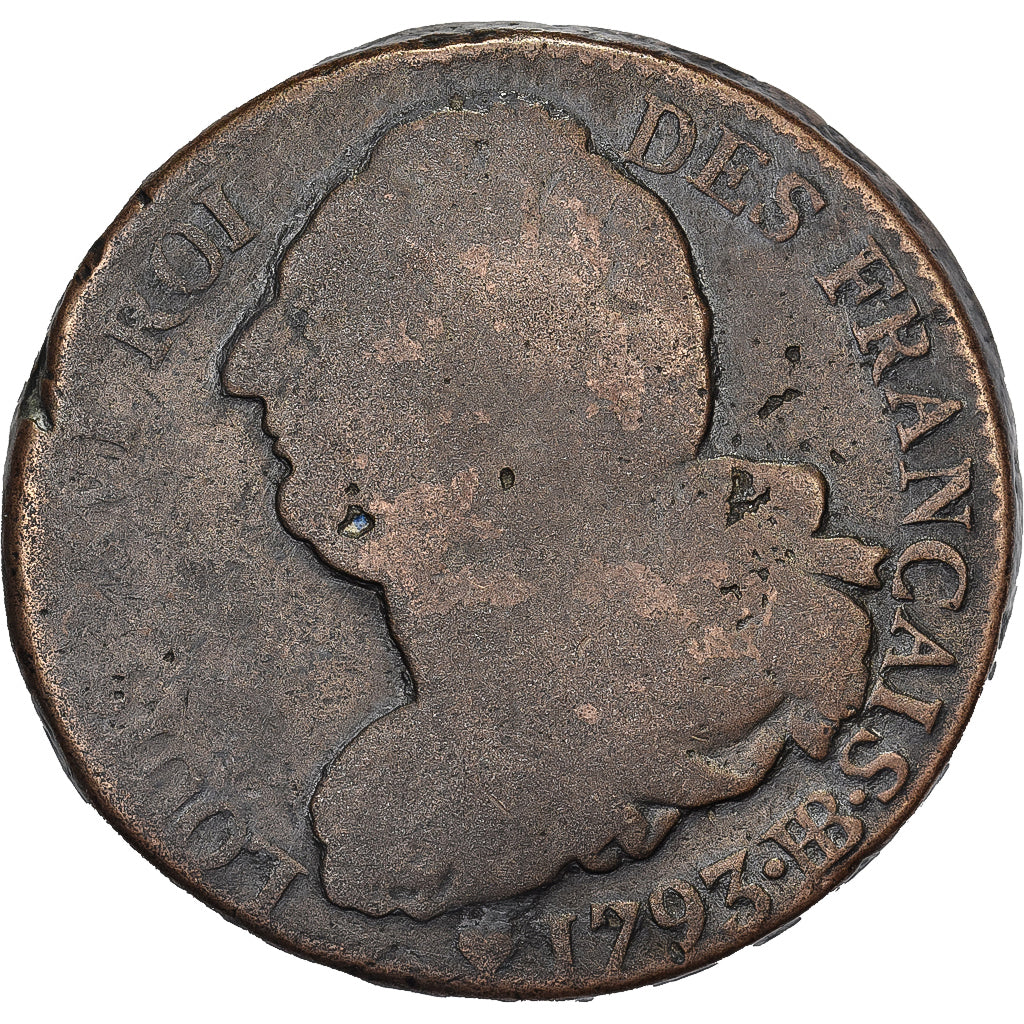 Francja, 2 Sols, 2 sols français, 1793, Strasbourg, Brązowy, VG(8-10)