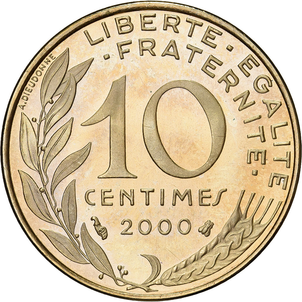 Francja, 10 Centimes, Marianne, 2000, Paris, Proof, Aluminium-Brąz, MS(63)