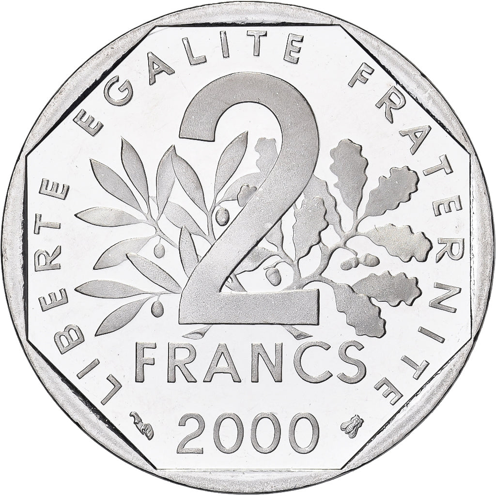 Francja, 2 Francs, Semeuse, 2000, Paris, Proof, Nikiel, MS(63), Gadoury:547b