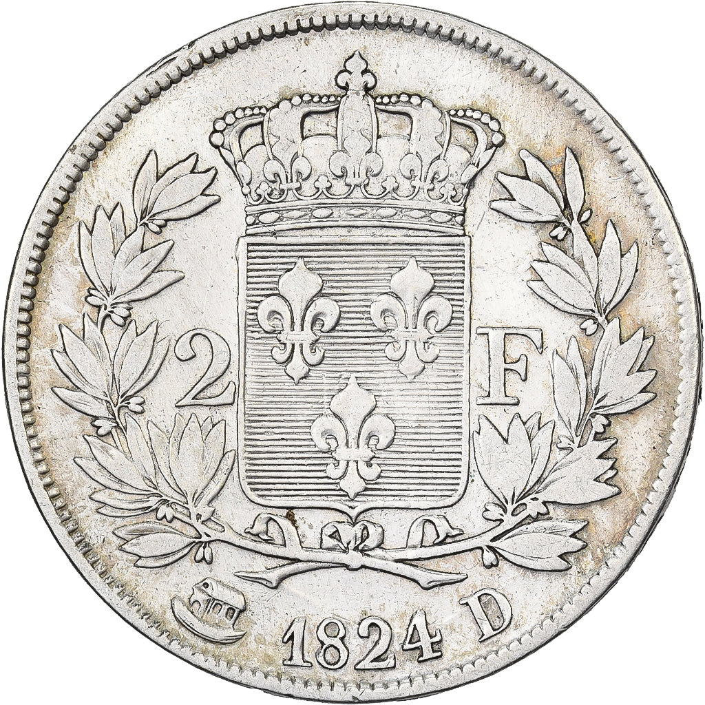 Francia, Louis XVIII, 2 Francs, 1824, Lyon, Argento, MB+, Gadoury:513, KM:710.3