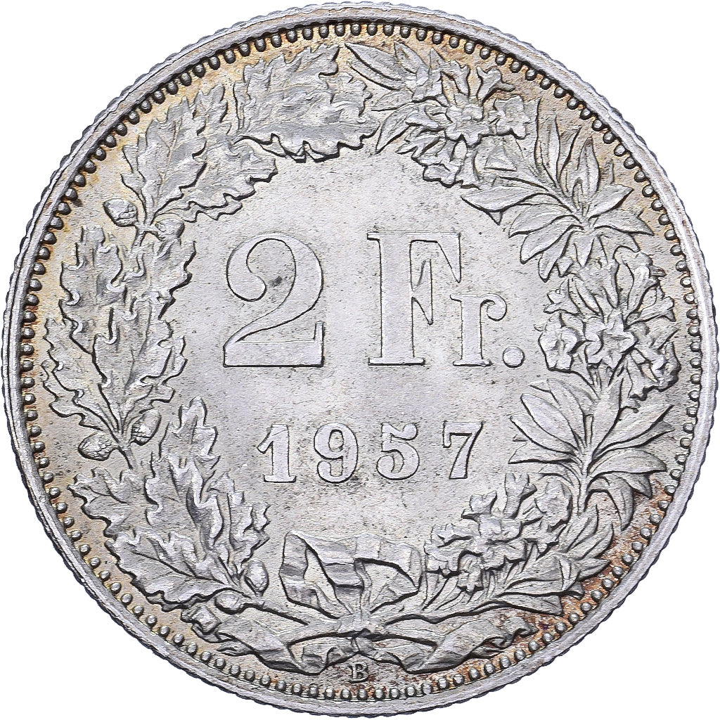 Suíça, 2 Francs, 1957, Bern, Prata, AU(50-53), KM:21