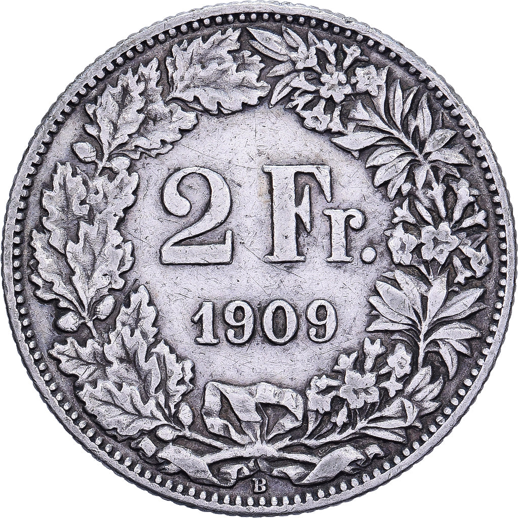 Suíça, 2 Francs, 1909, Bern, Prata, VF(30-35), KM:21