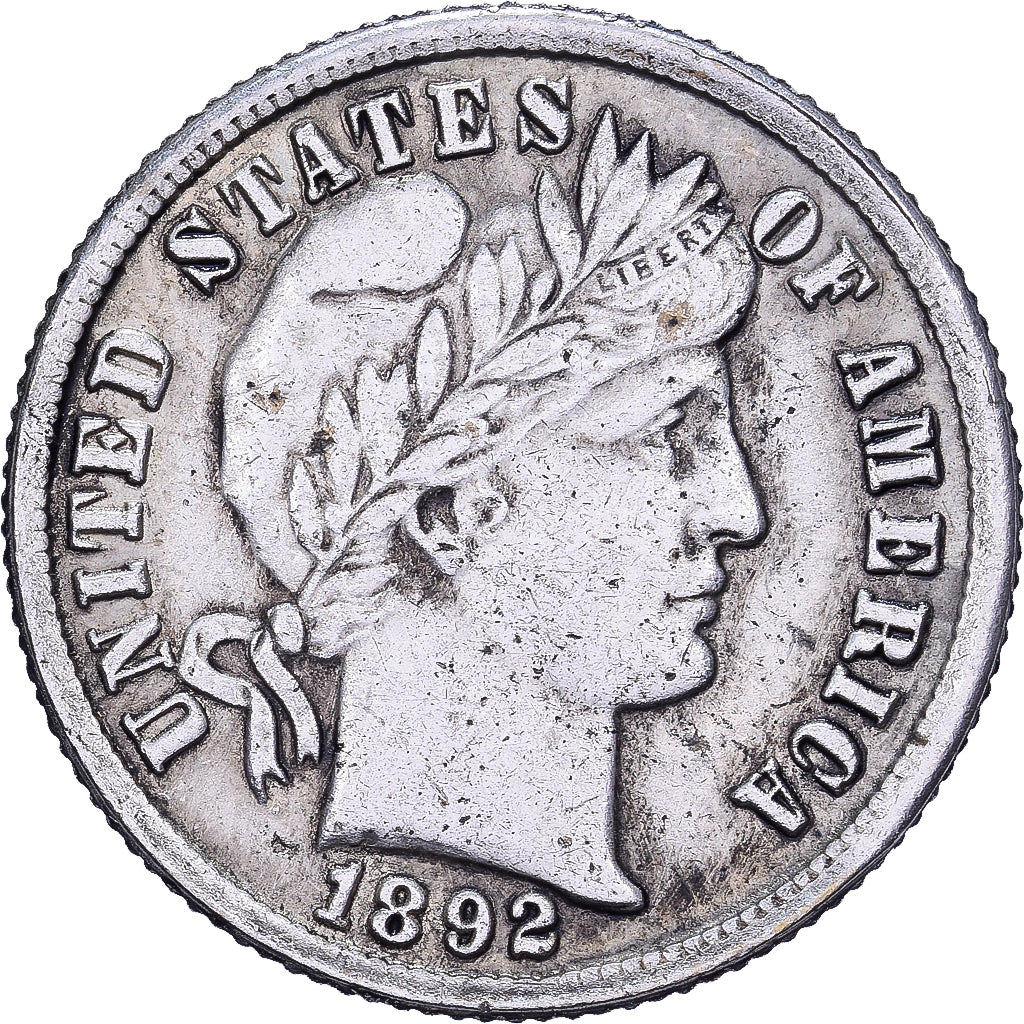 États-Unis, Dime, Barber Dime, 1892, U.S. Mint, Argent, TTB, KM:113