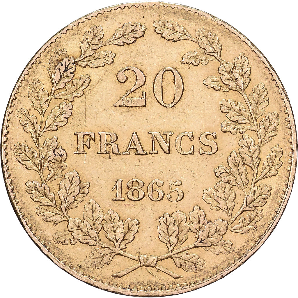Belgio, Leopold I, 20 Francs, 20 Frank, 1865, Brussels, Oro, BB+, KM:23