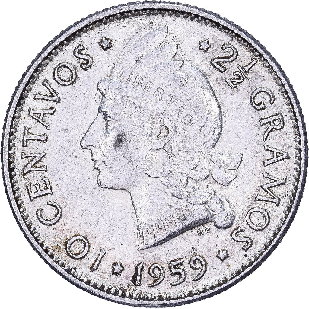 Dominican Republic, 10 Centavos, 1959, Silver, AU(55-58), KM:19