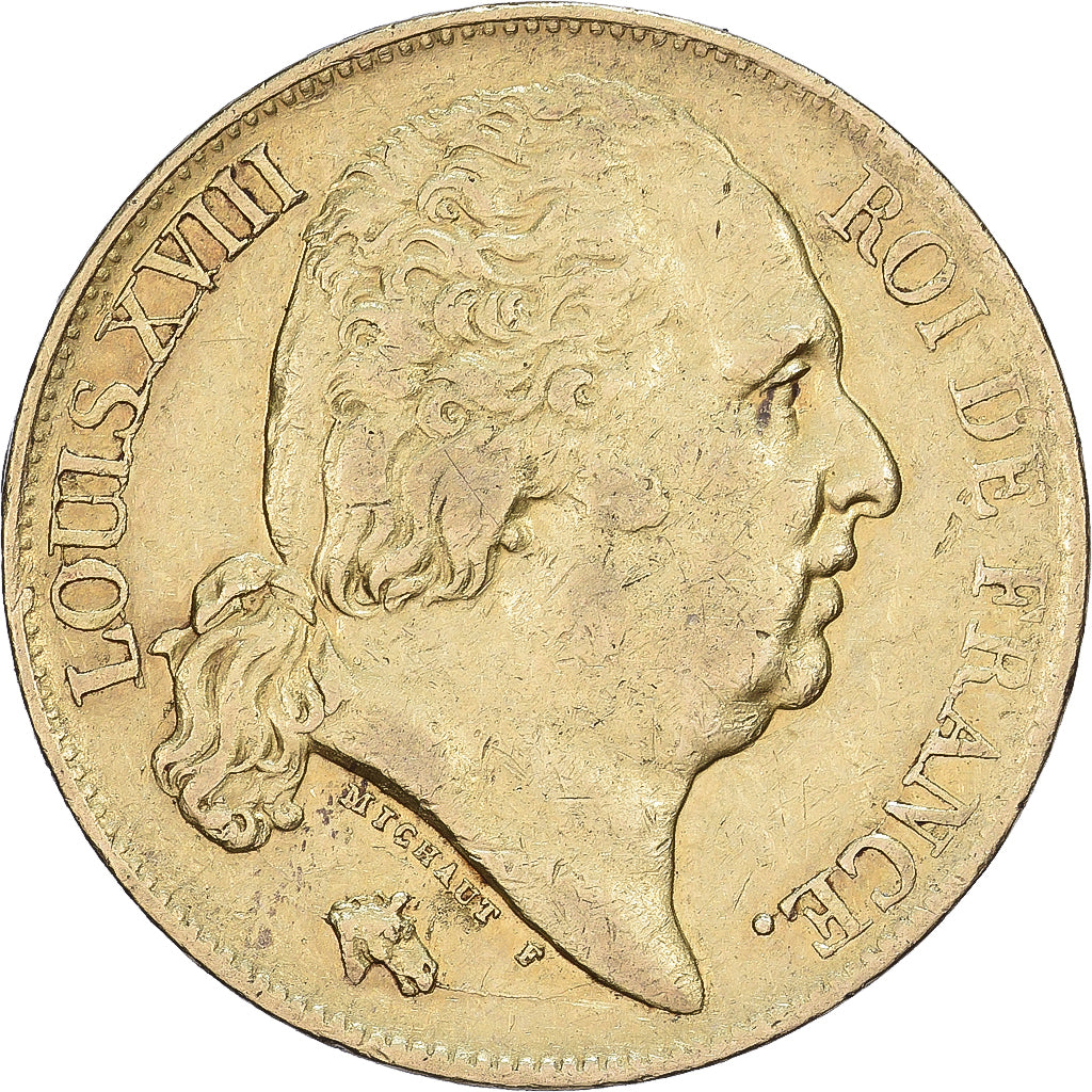 France, 20 Francs Or, 1820, Perpignan, Gold, EF(40-45), Gadoury:1028
