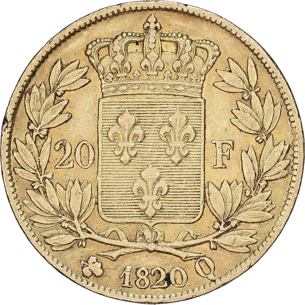 France, 20 Francs Or, 1820, Perpignan, Gold, EF(40-45), Gadoury:1028