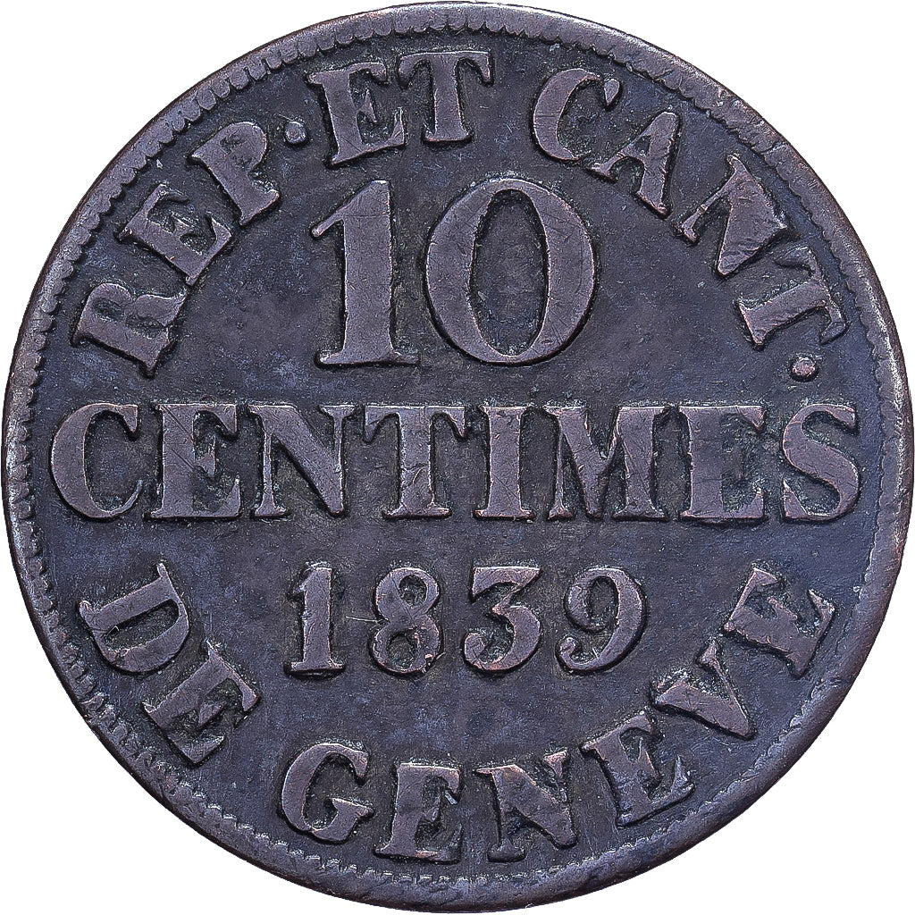 Cantons suisses, GENEVA, 10 Centimes, 1839, Genève, Billon, TB+, KM:128