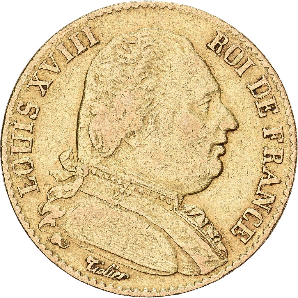 França, Louis XVIII, 20 Francs Or, 1815, Paris, Dourado, VF(30-35)