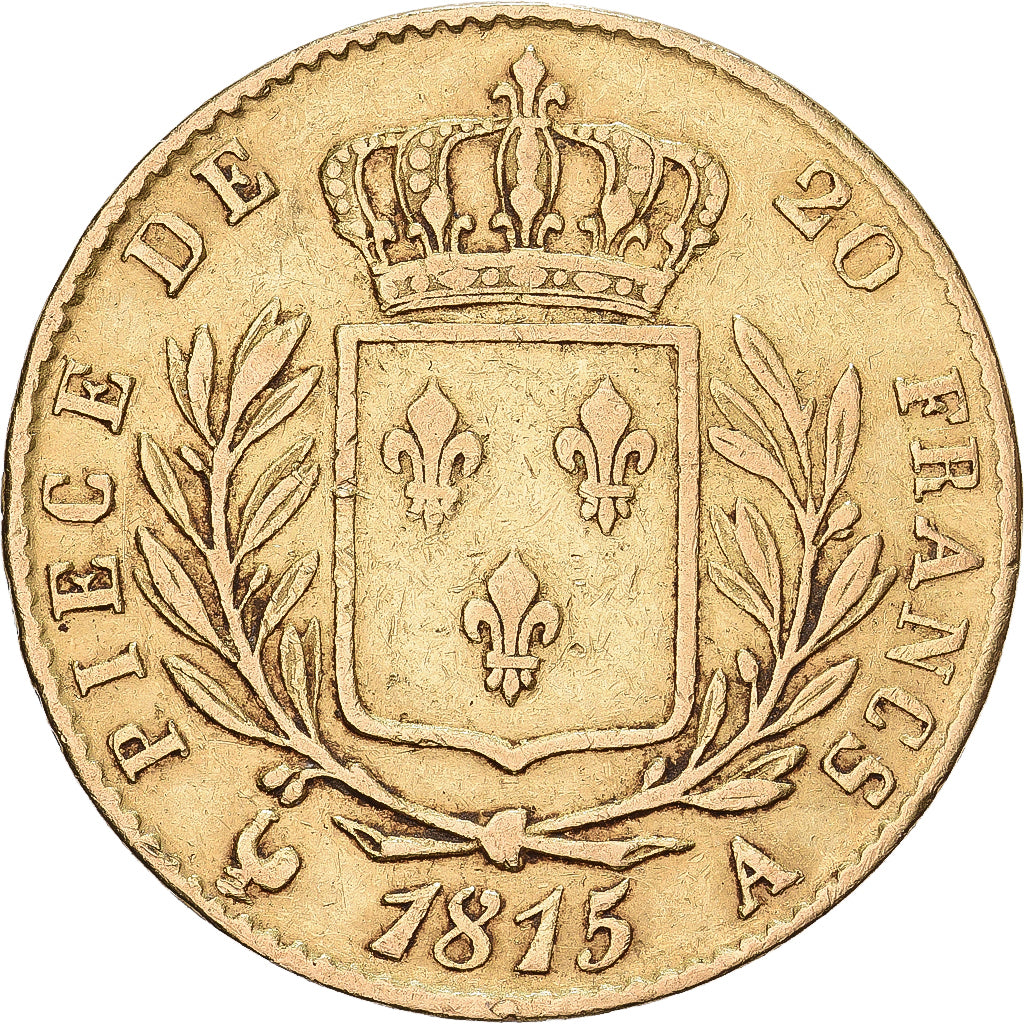 França, Louis XVIII, 20 Francs Or, 1815, Paris, Dourado, VF(30-35)
