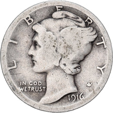 United States, Dime, Mercury, 1916, U.S. Mint, Silver, VF(20-25), KM:140