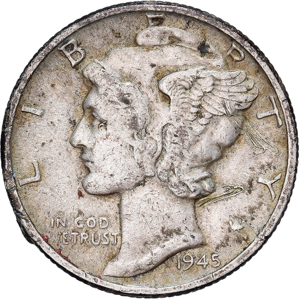 États-Unis, Dime, Mercury, 1945, U.S. Mint, Argent, TTB, KM:140