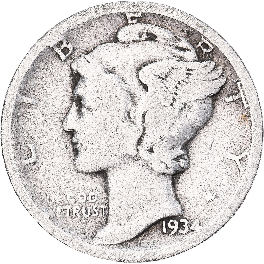 États-Unis, Dime, Mercury, 1934, U.S. Mint, Argent, TB+, KM:140